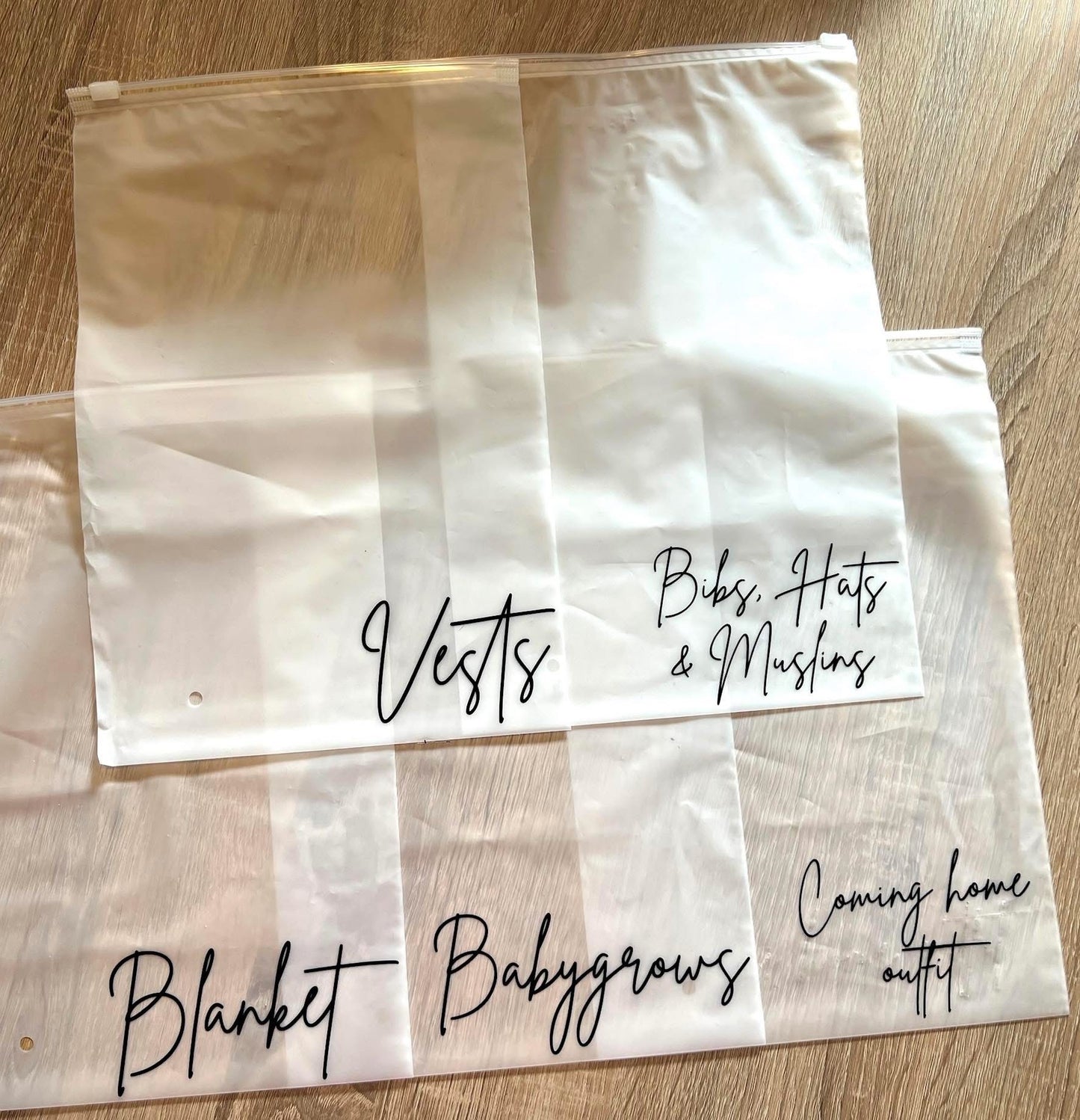Essentials zip bags (text change to suite)