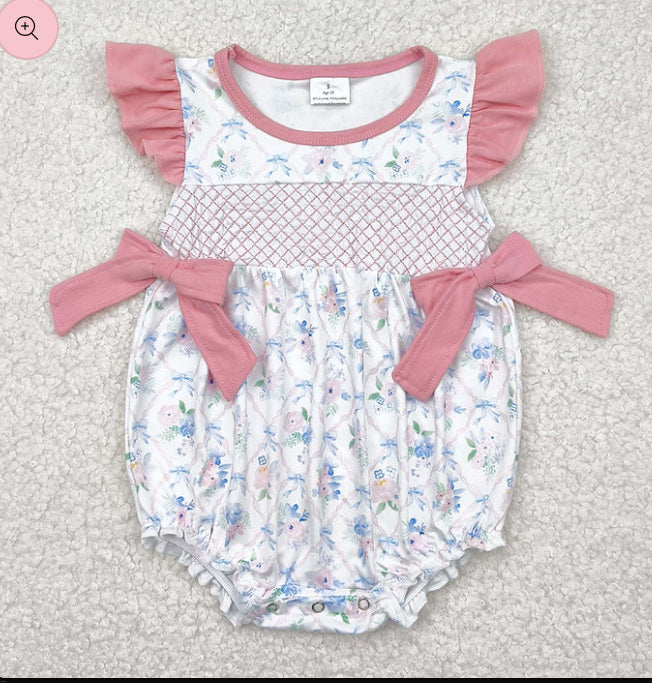 Baby pink floral bow romper