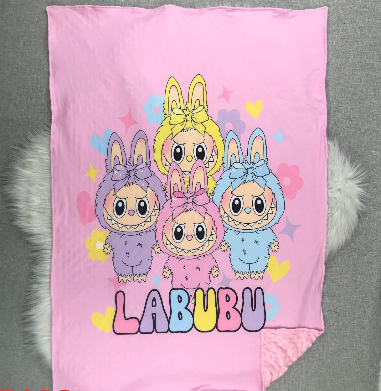 Large popcorn backed Labubu blanket