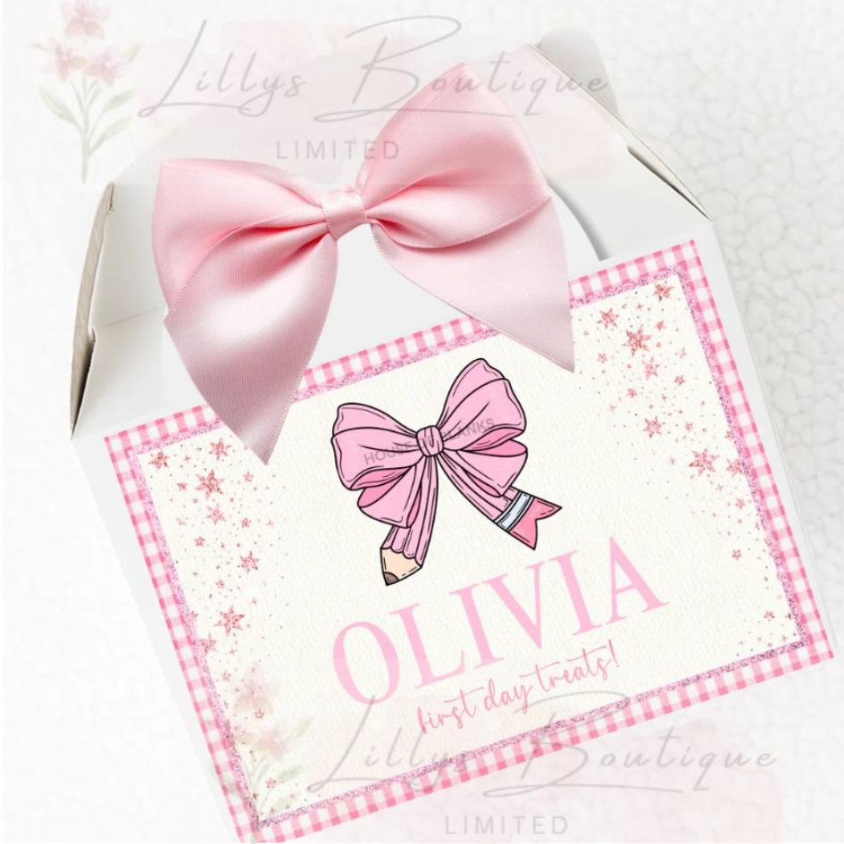 Personalised back to school personalised pink treat box including sweets