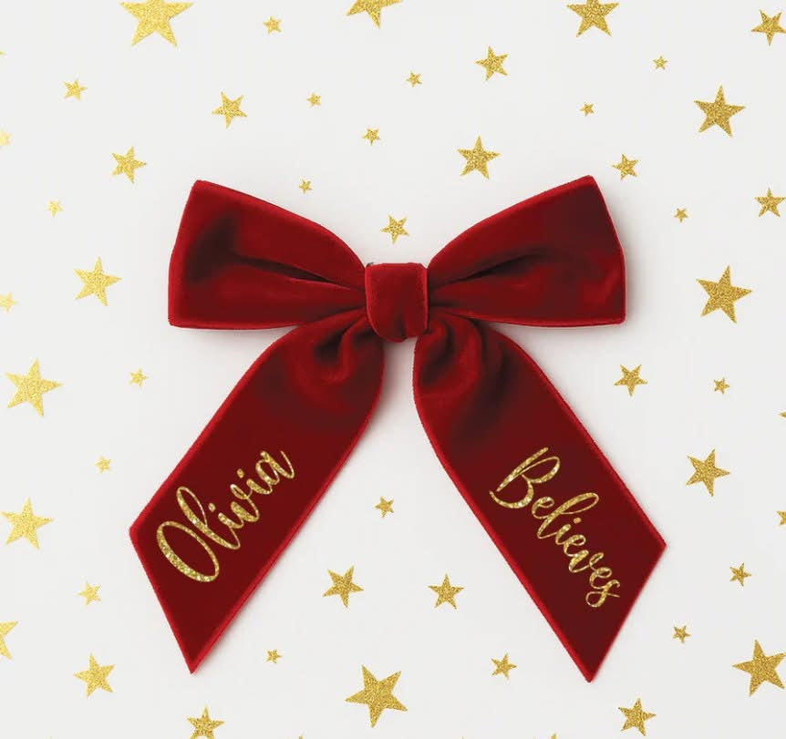 Personalised gold glitter velvet hair bow - includes believes