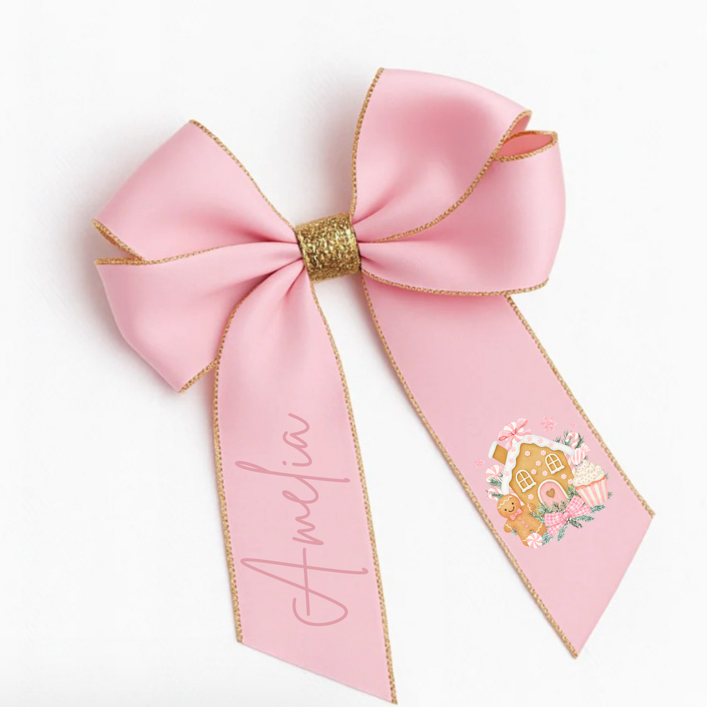 6” Gingerbread house pink & gold glitter bow
