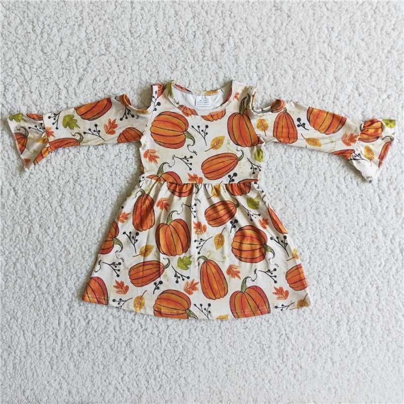 Pumpkin printed frilled sleeve dress