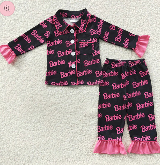 Pink and black printed frill pyjamas