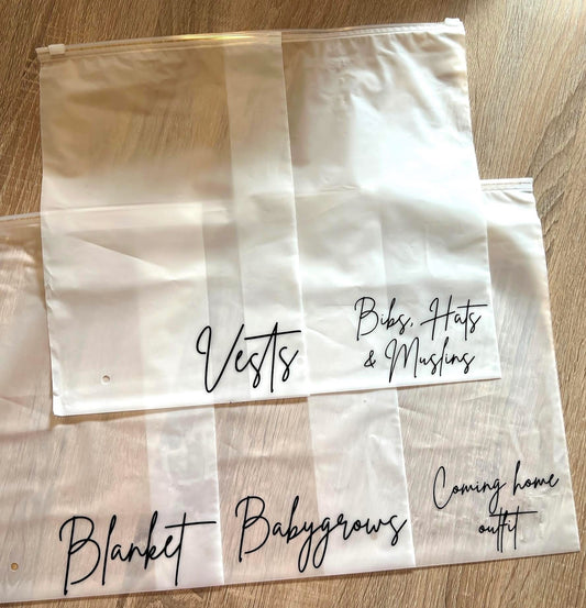 Essentials zip bags (text change to suite)