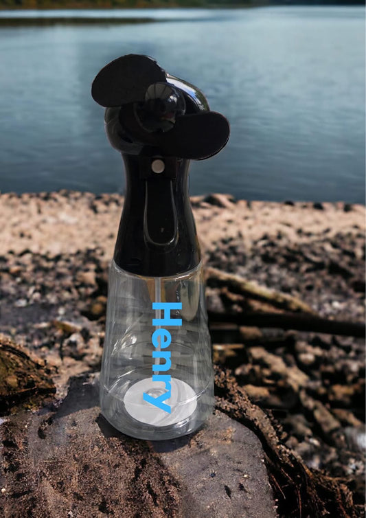 Personalised spray water fan - blue text
