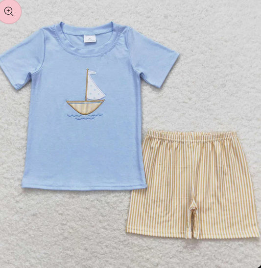 Sailing boat embroidered shorts set
