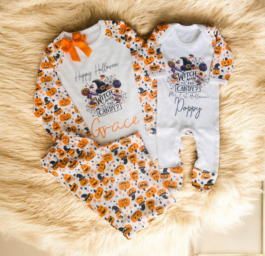 Personalised Halloween pyjamas / babygrow - witch way to the candy