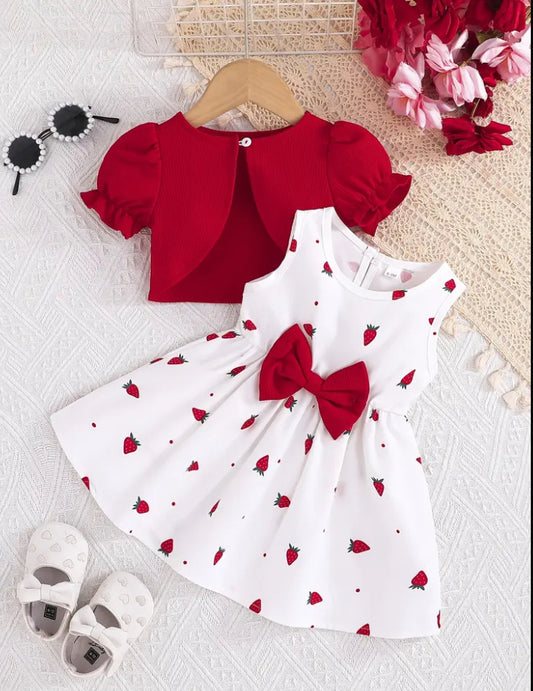 Strawberry bow dress & cardigan set