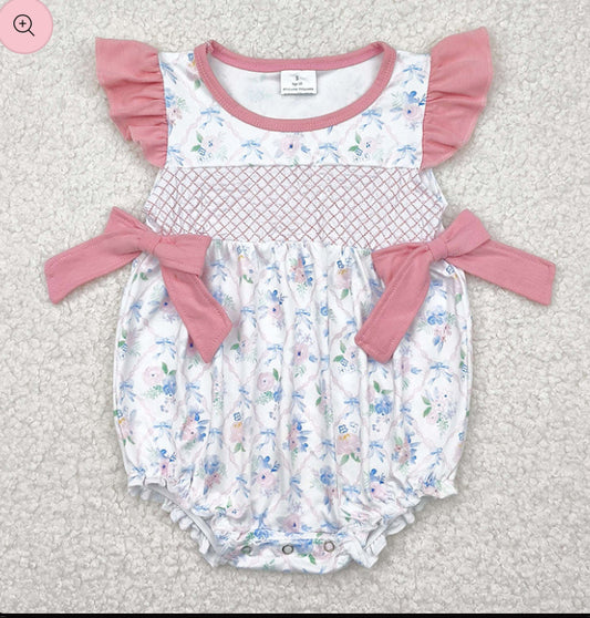Baby pink floral bow romper