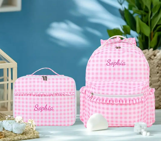 Gingham lunchbox & bag embroidered