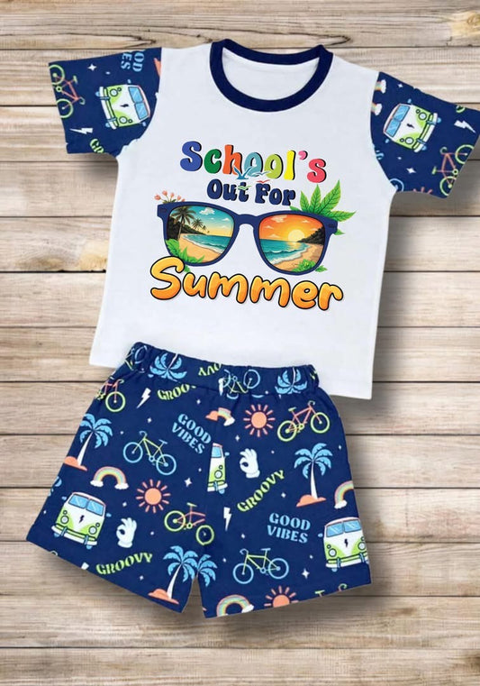 Schools out for summer shorts set - blue