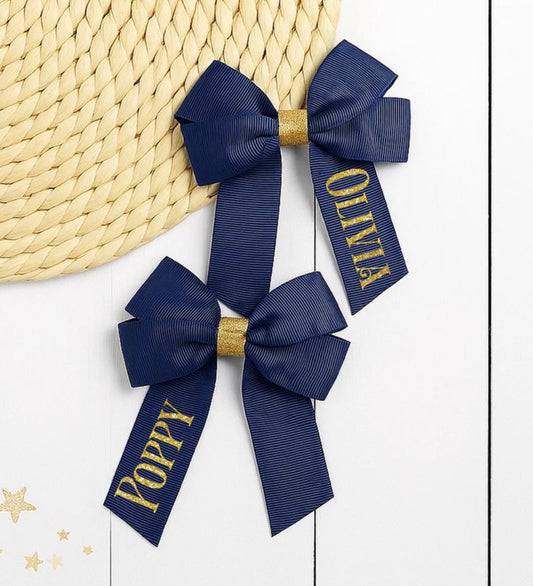Gold glitter personalised navy bow