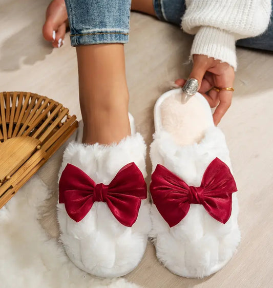 Velvet bow fluff slippers