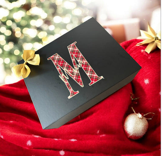Personalised tartan gold Christmas Eve box/gift box