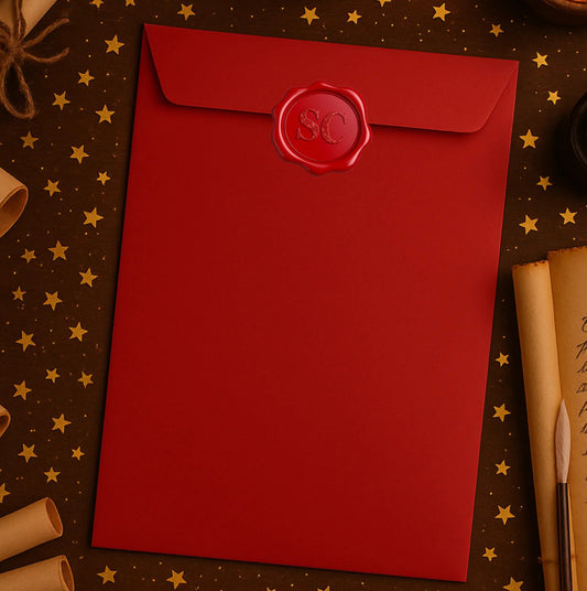 Red envelope with Santa clause wax stamp (to fit letters & nice lists)