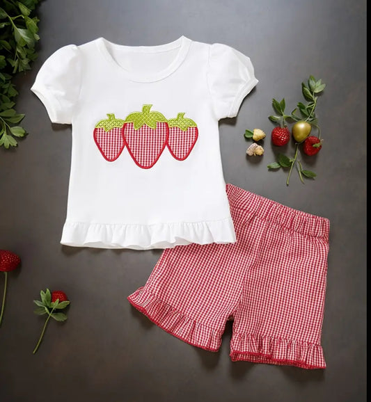 Embroidered strawberry shorts set