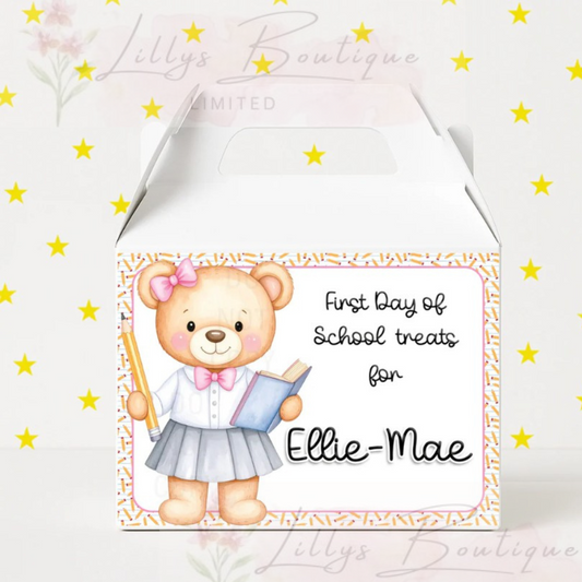 Personalised back to school treat box (girl bear) including sweets