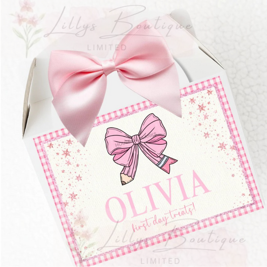 Personalised back to school personalised pink treat box including sweets
