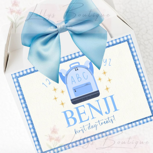 Personalised back to school teat box including sweets.