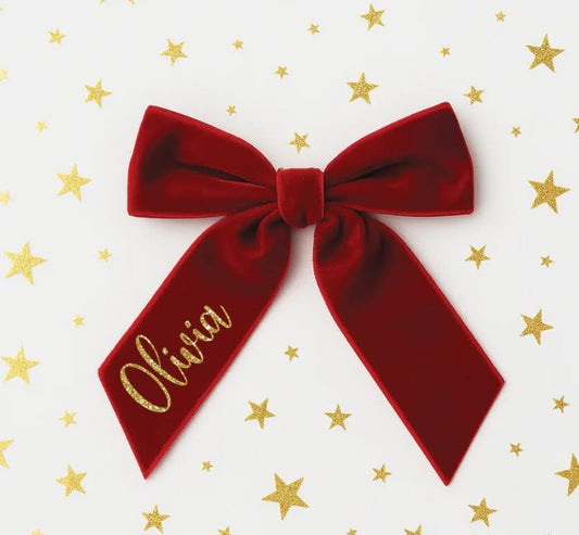 Personalised gold glitter velvet hair bow