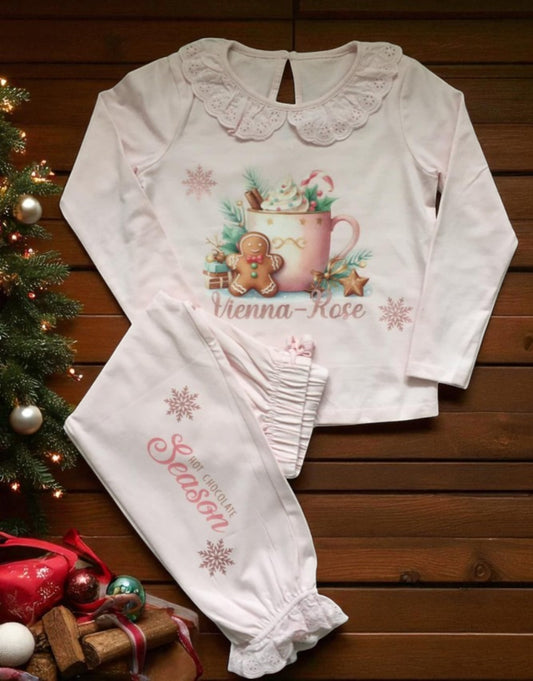 Hot chocolate season frilled personalised pyjamas