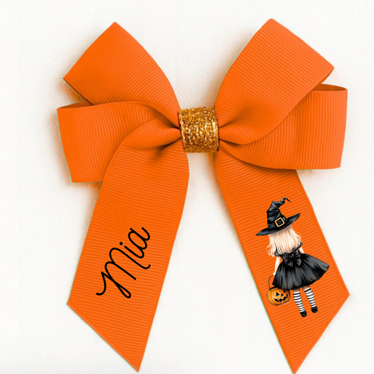 6” Orange & gold glitter witch bow